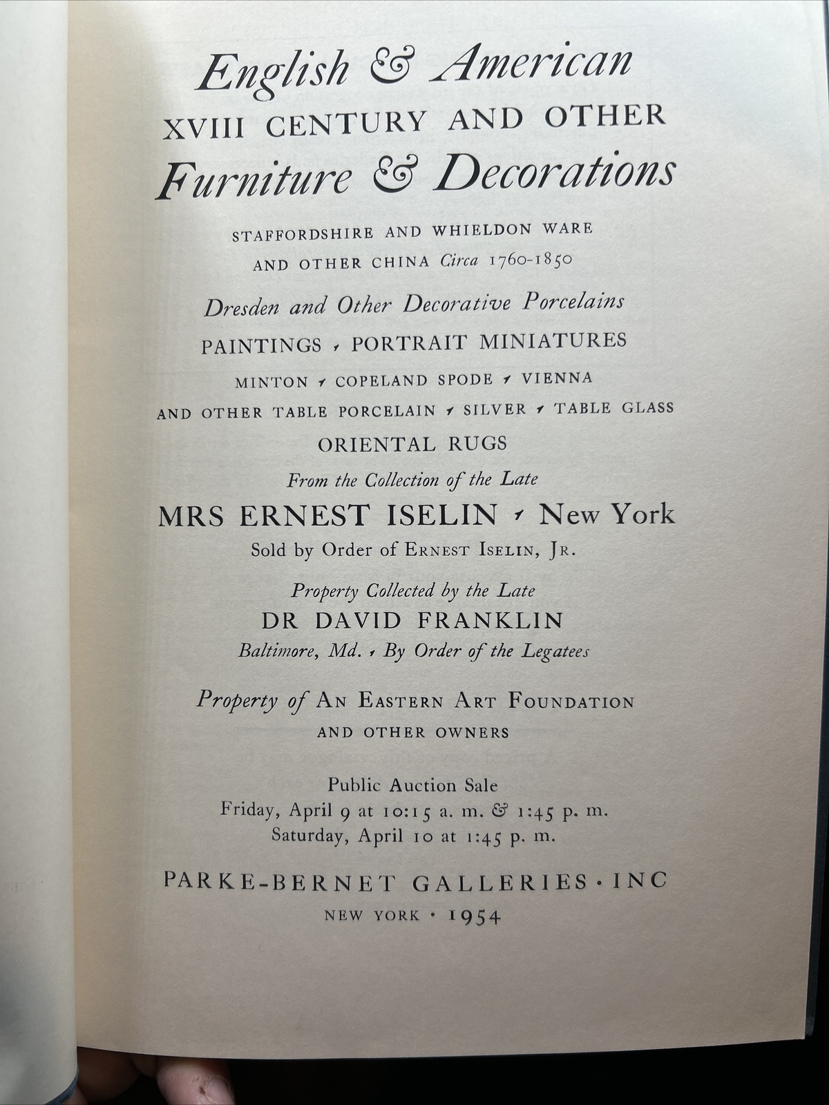 Parke-Bernet Catalog: Ernest Iselin Collection- April 10, 1954