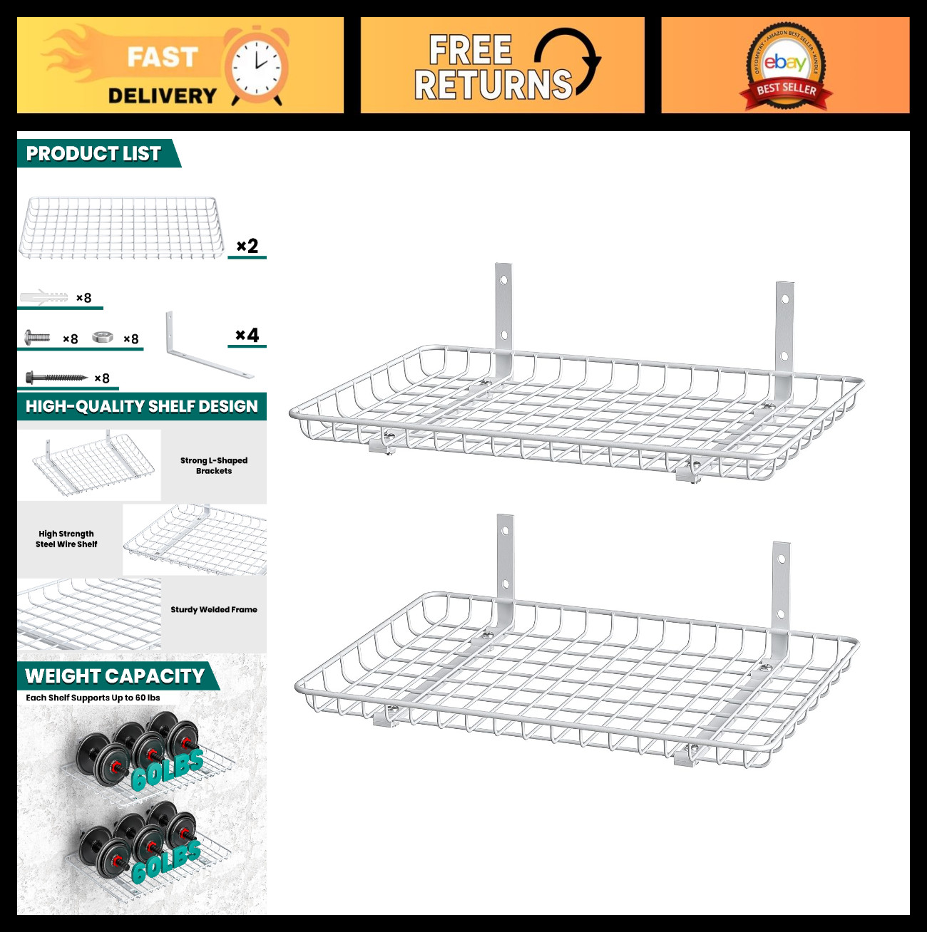 Heavy-Duty Wall Mounted Storage Shelves 12x24 Inch, Metal Shelf Rack 2 Pack, Whi