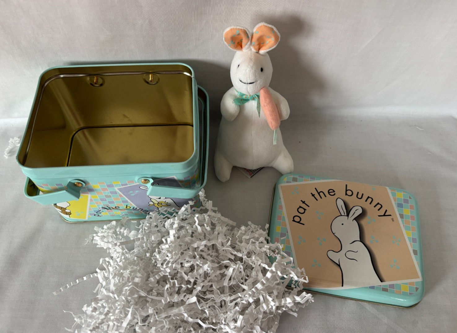 Pat the Bunny Tin Basket Twin Handles Removable Cover w/ White Bunny Gift Ready