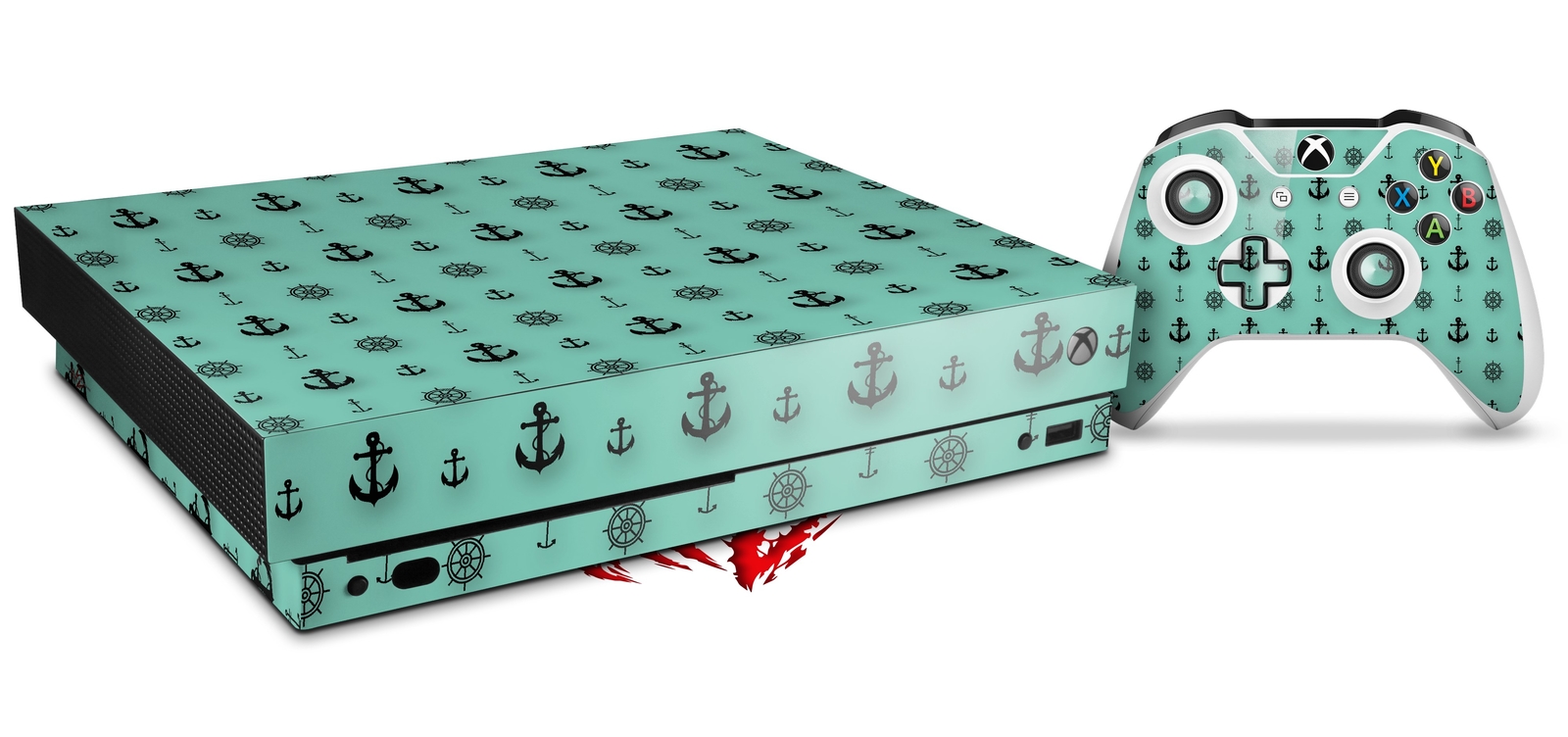 Skin for XBOX One X Console Controller Nautical Anchors Away 02 Seafoam Green D