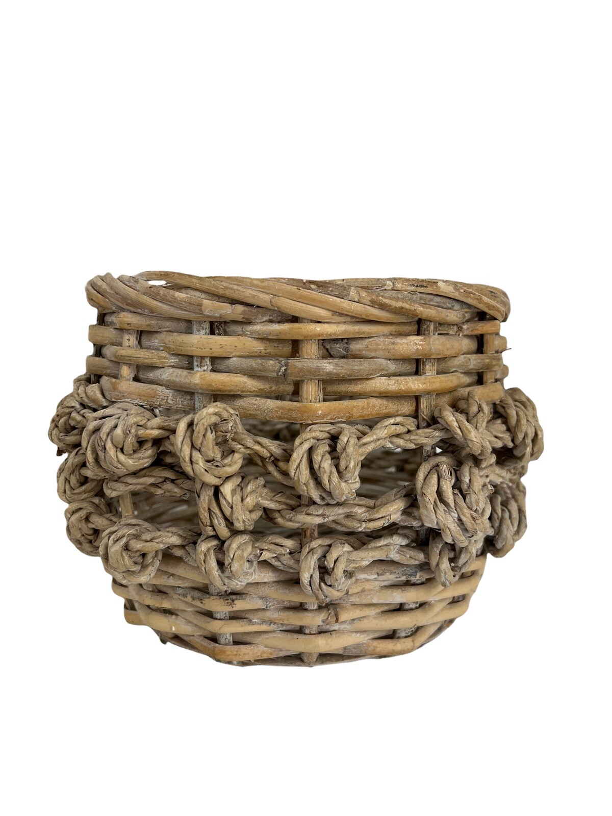 Vtg Boho White Washed Knotted Woven Round Plant Basket Storage 8.5" W x 7" T