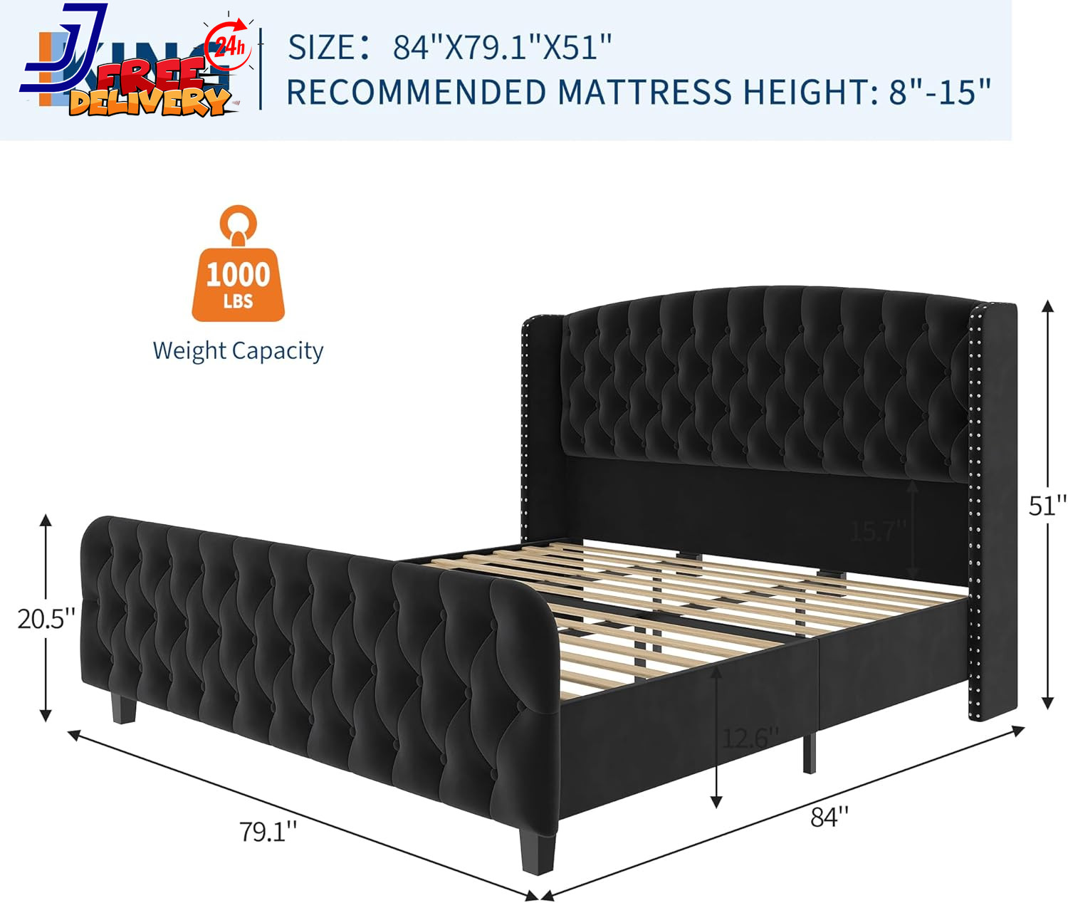 Chic 51" Tufted Suede Queen Bed Frame with Wingback & Nailhead Accent