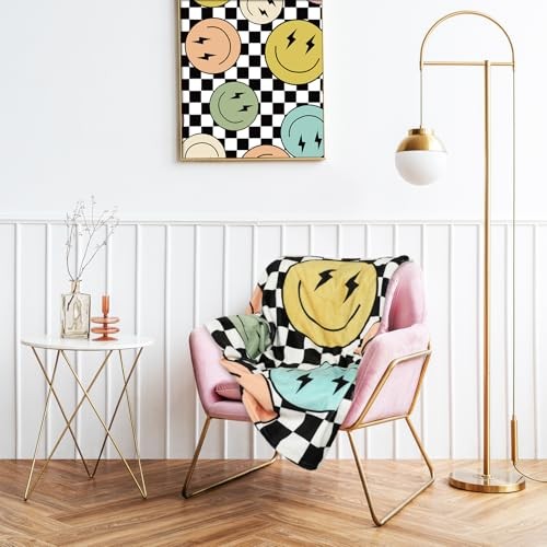 Fuzzy Flannel Blanket Hippie Smile Face Checkerboard Throw Blanket for Home