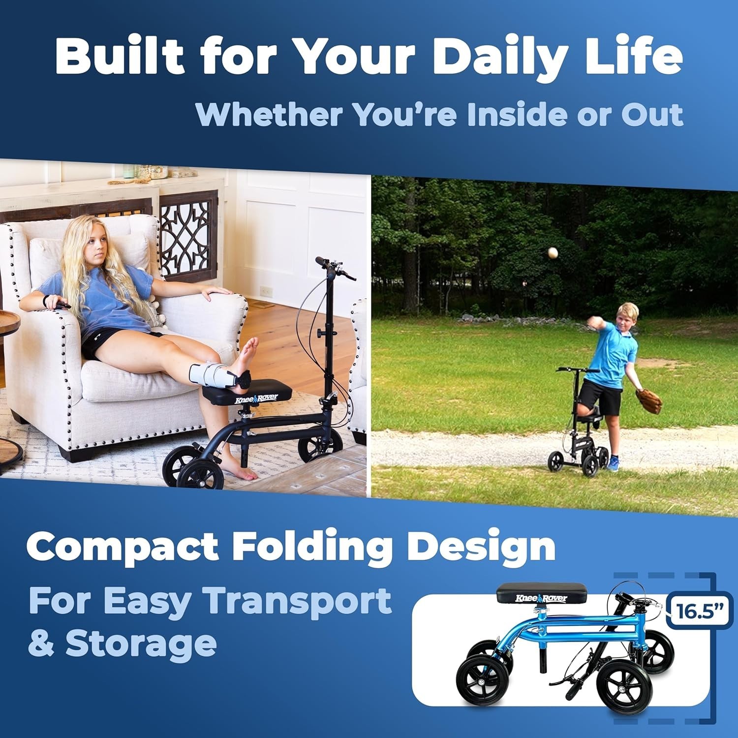 Foldable Steerable Knee Scooter - Reliable Mobility Aid for Foot Surgery, Blue