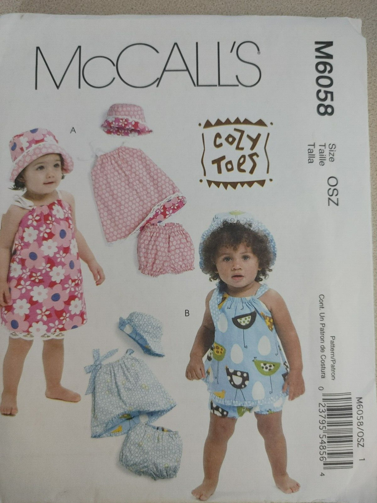 McCalls Pattern M6058 Cozy Toes Infant Reversible Dresses Bloomers Bucket Hat