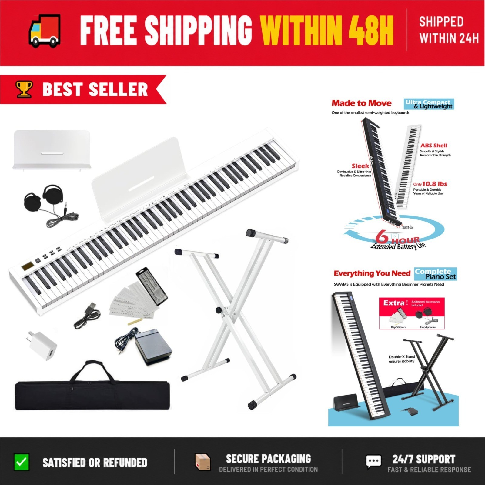 NikoMaku 88 Keys Digital Piano Keyboard Portable Set for Beginners SWAN-S White