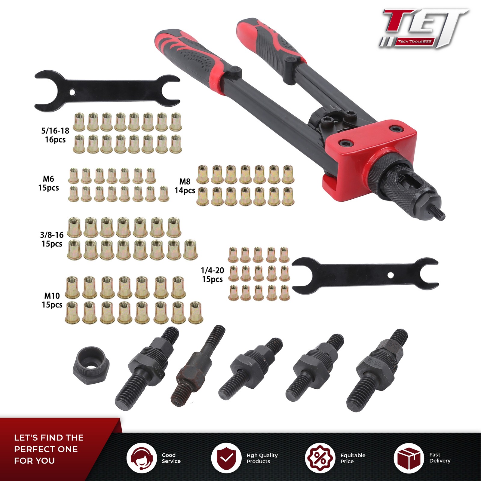 Hand Riveter 14" rivet nut tool with 6 mandrels Total 90 Pcs Rivet Nuts W/Box
