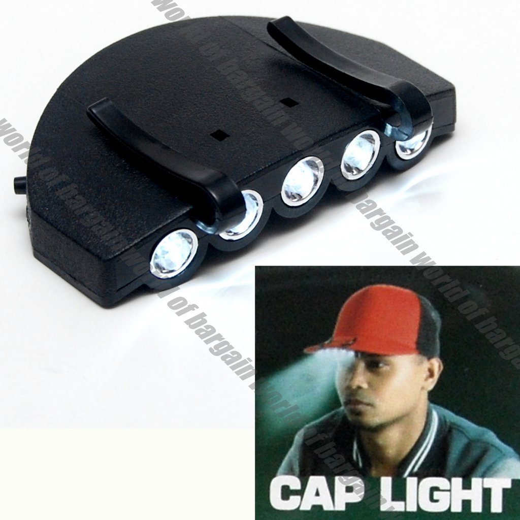 LED Cap Light Clip On Hat Brim Camping Fishing Bike 5 Bulb Headlamp +Battery S19
