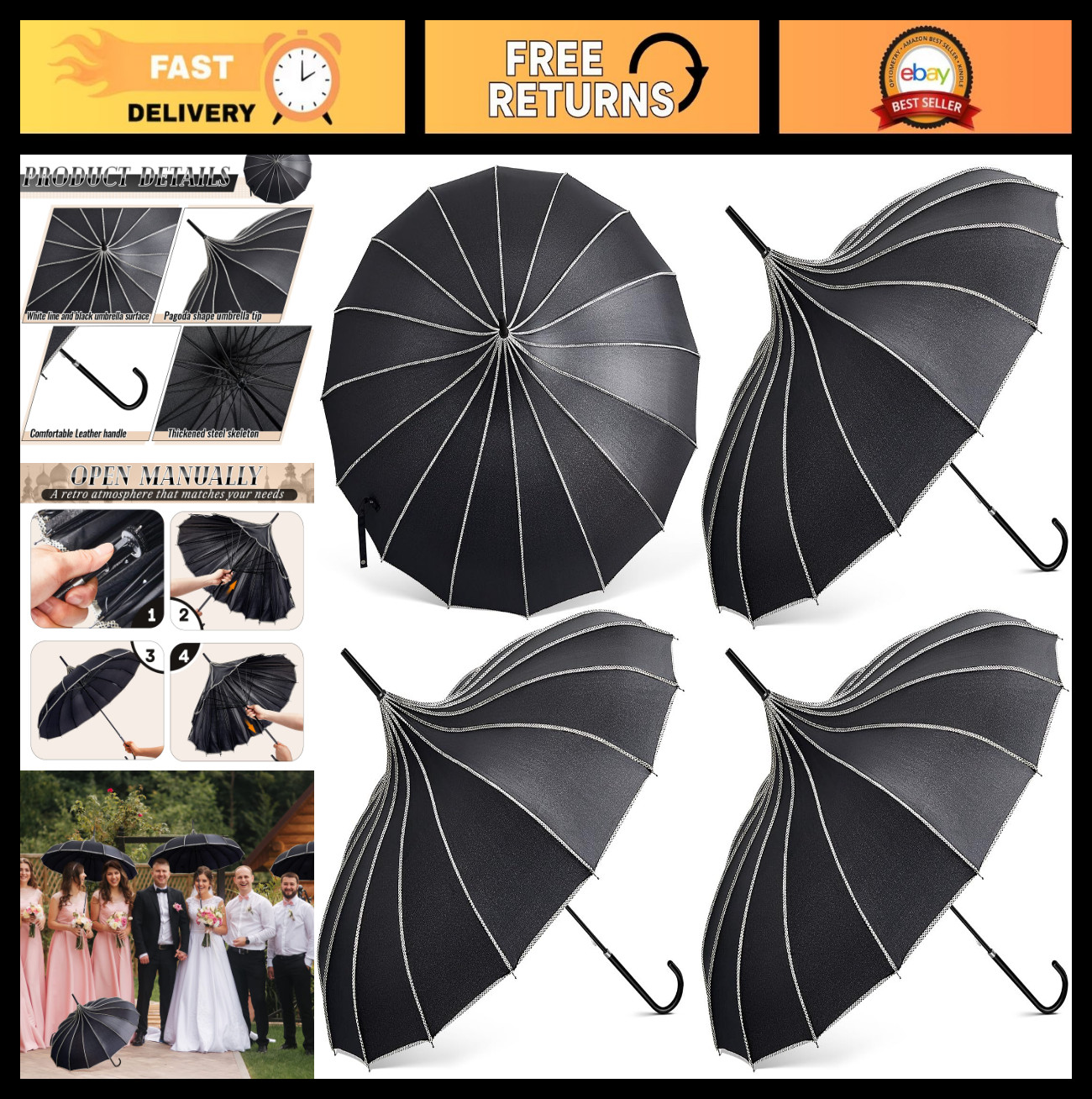 Large Gothic Parasol Umbrella 36" - Sun & Rain Protection, Vintage Style, Weddin