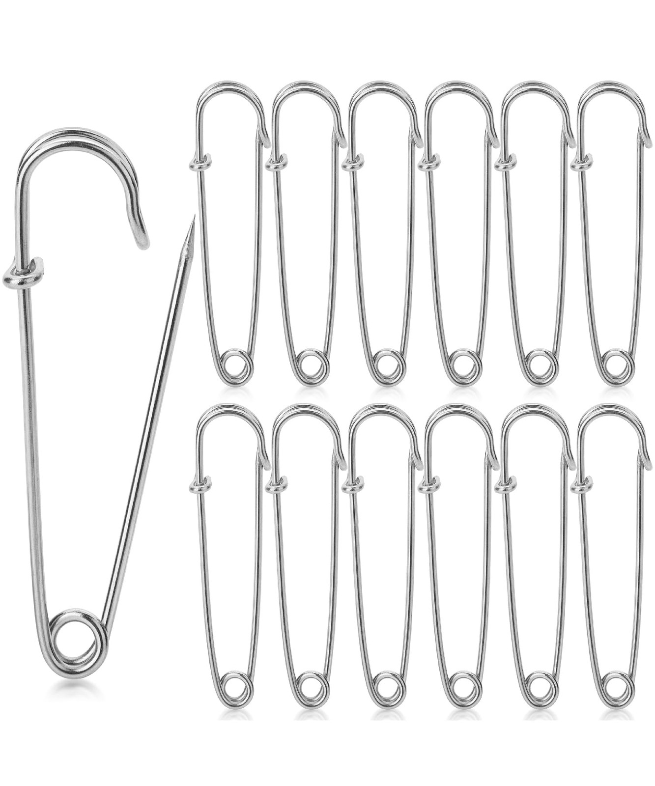 Safety Pins Upgraded, 2.3", 12 Pack, Silver, Large, Heavy Duty for Thick Fabric