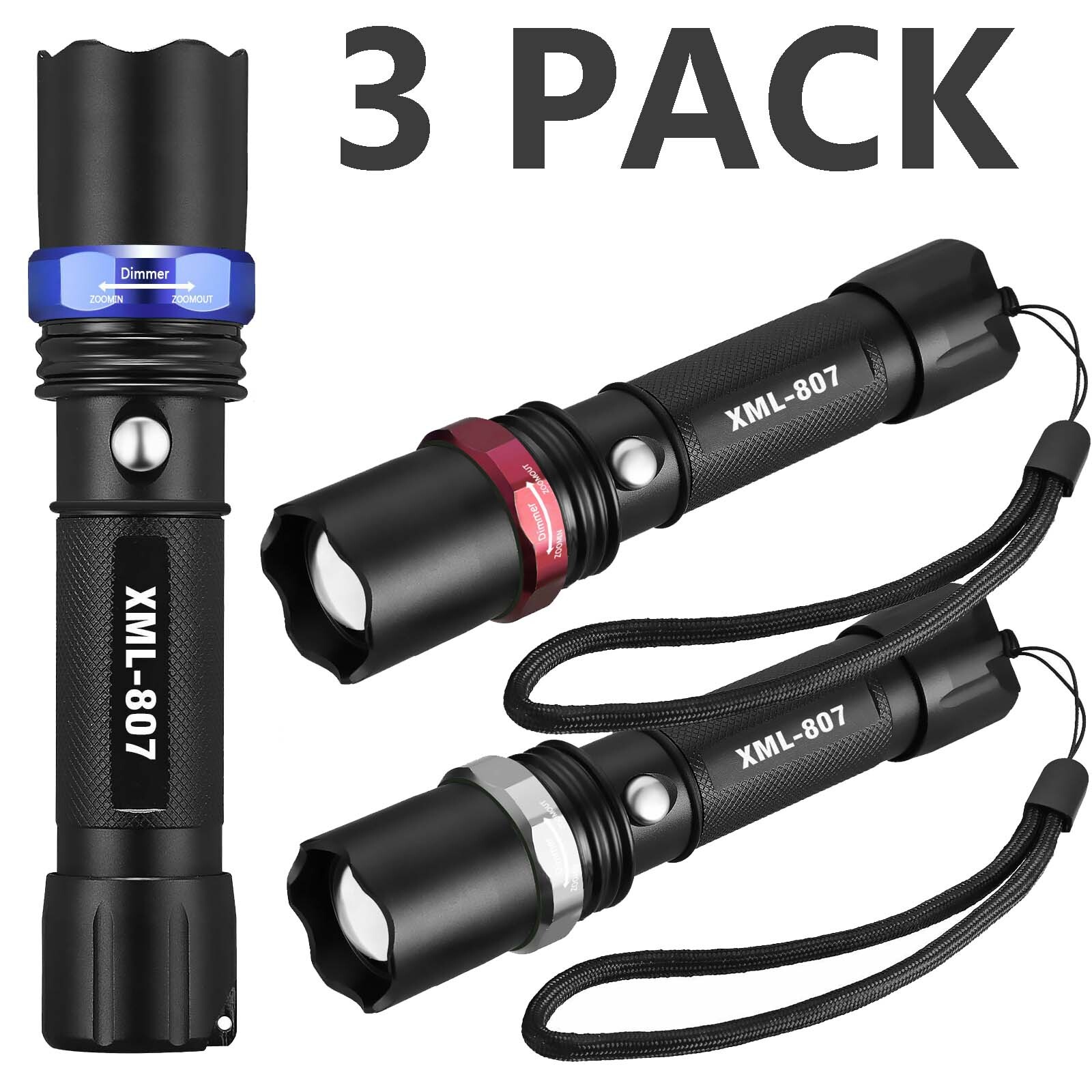 Super-Bright  Tactical Flashlight 5 Modes Zoomable 3-Pack