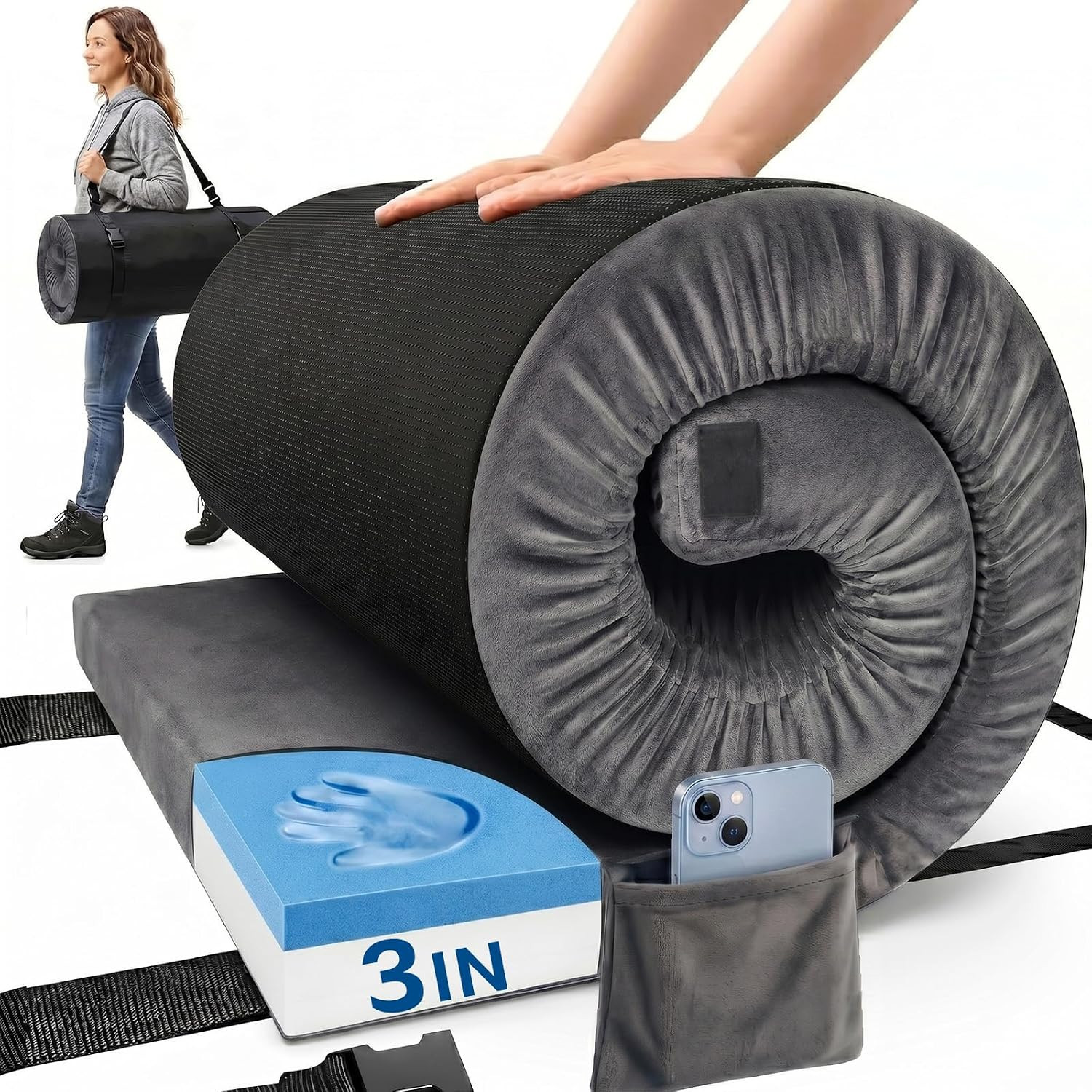 Camping Mattress Pad, 3 Inch Memory Foam Camping Mattress with Non-Slip Bottom &