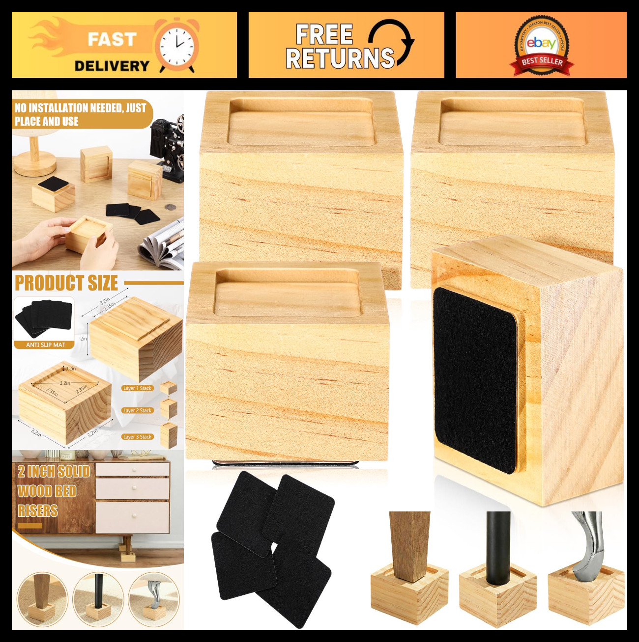4 Pack Adjustable Bed Risers - Solid Wood Furniture Lifts 1" to 4" with Non-Slip