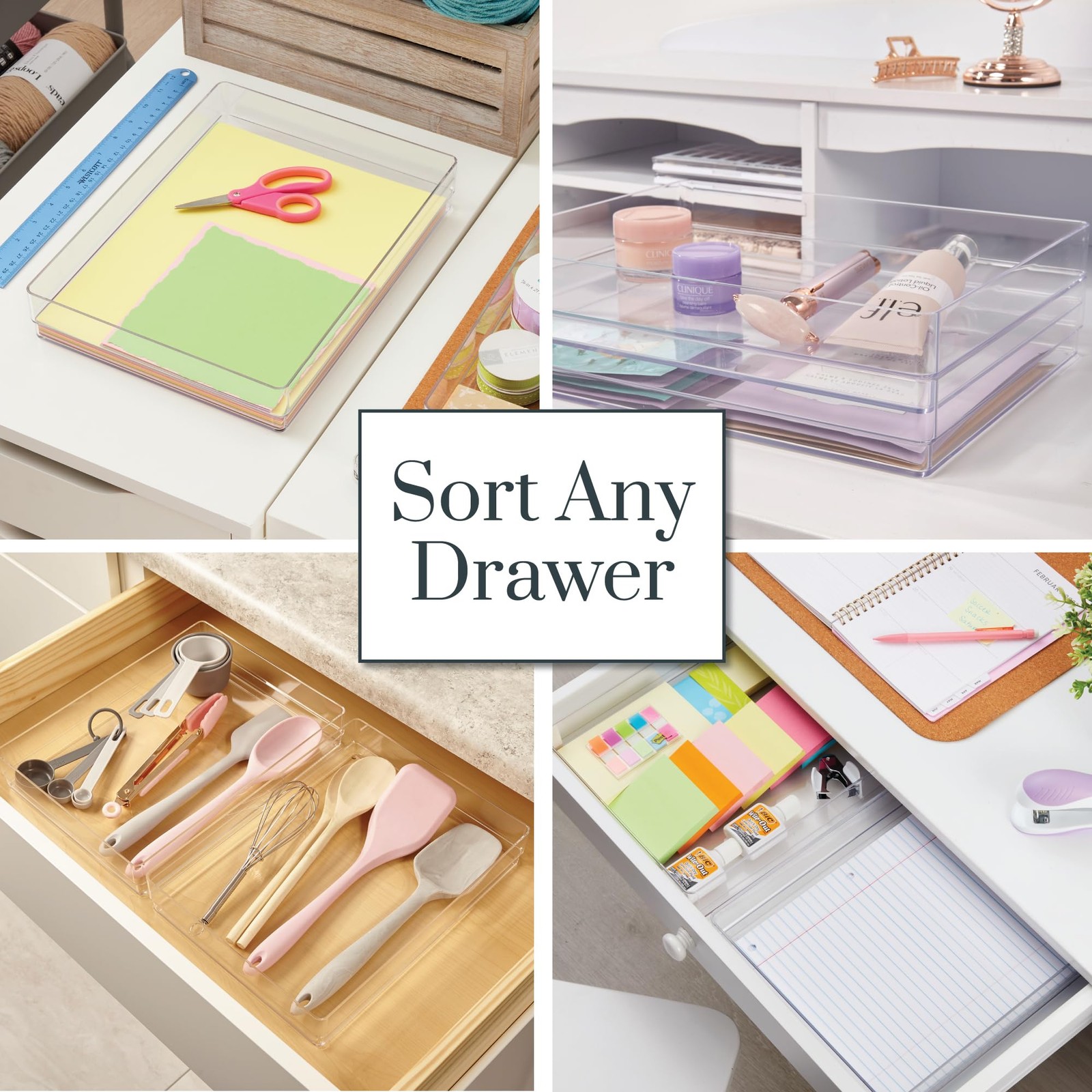 SimpleSort 2-Piece Stackable Clear Drawer Organizer Set | 12" x 9" x 2" Recta...