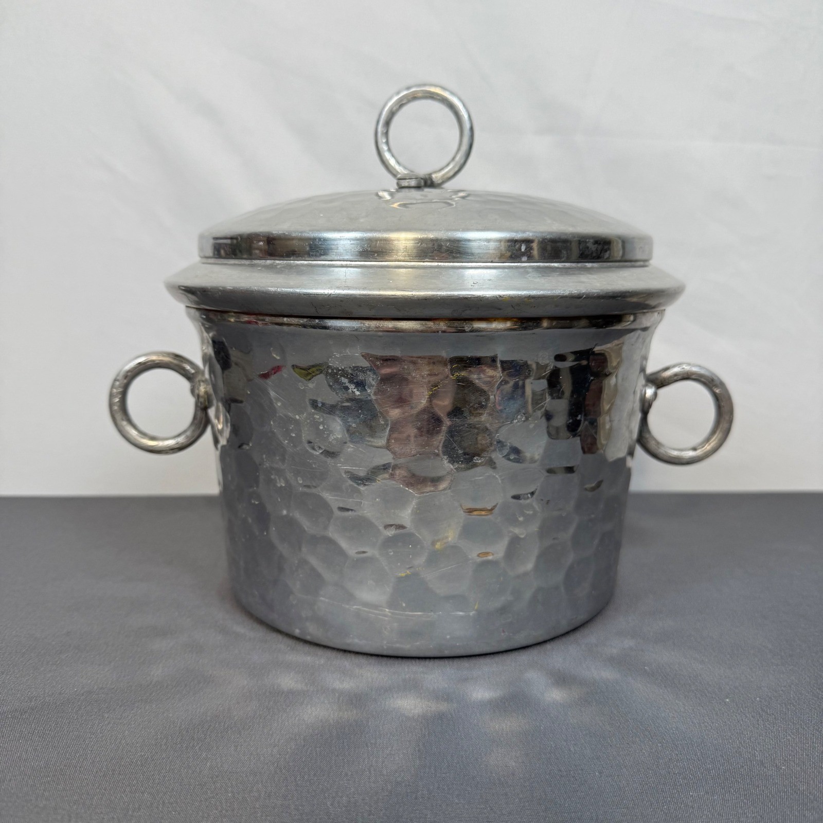 Vintage Hammered Metal Ice Bucket with Lid Ring Handles Ceramic Lining