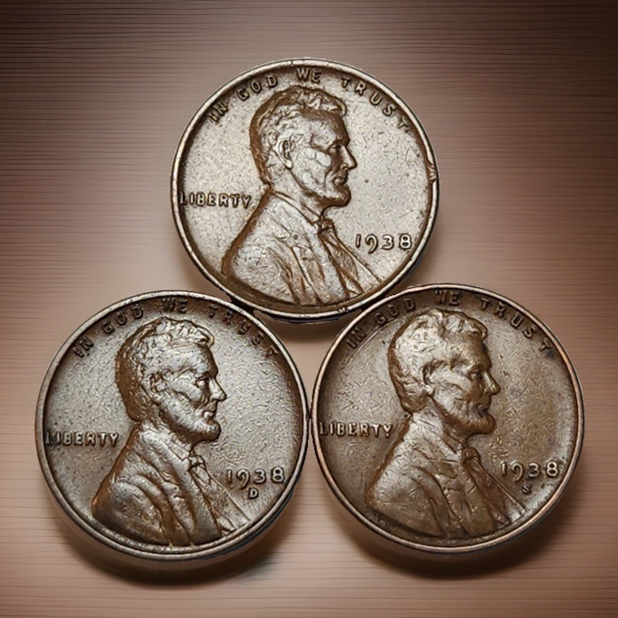 1938 P D S Lincoln Wheat Cents, (3) Penny Lot, Great For Albums