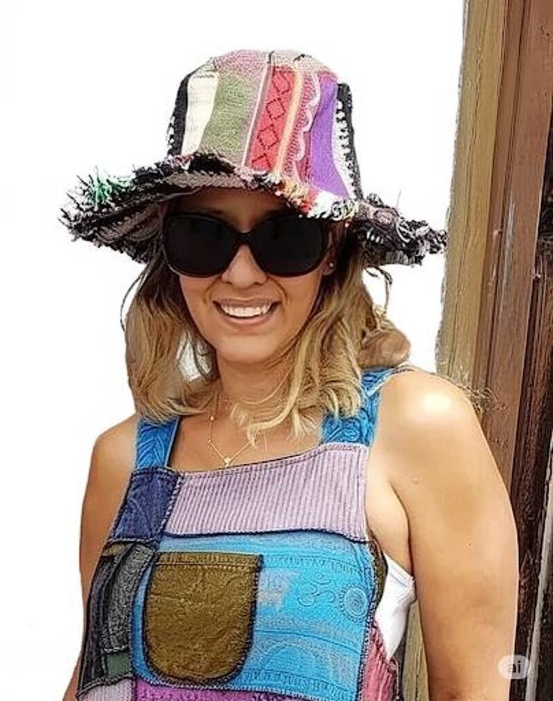 HEMP HAT Unisex Patchwork w/ Mushrooms Fringe Wire Rim Funky Hippie Hat