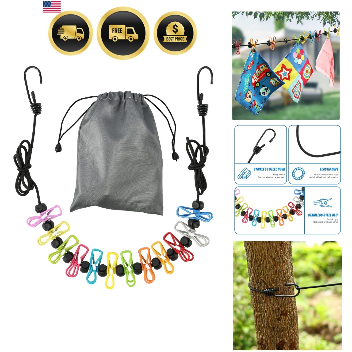 Retractable Portable Clothesline for Travel, Clothing line with 12 Clothes Cl...