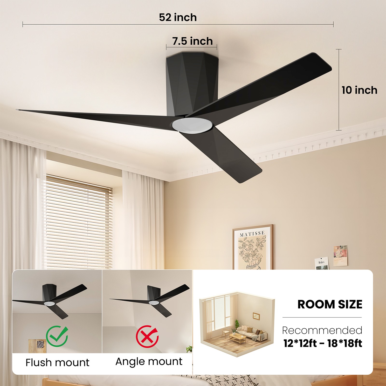Ceiling Fans with Dimmable Led Lights,52" Flush Mount Ceiling Fan Remote Control