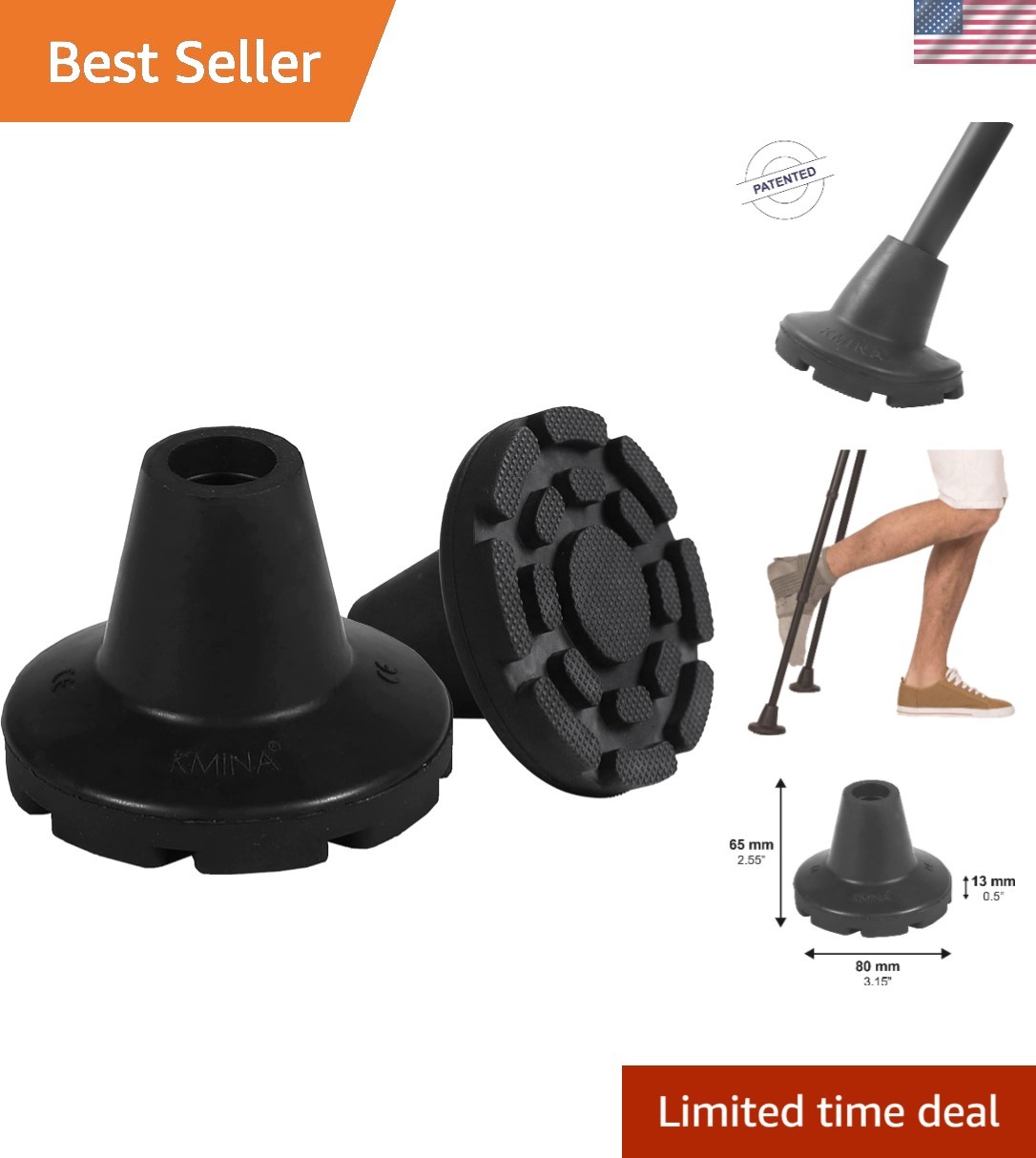 Wide Base 3/4 Inch Rubber Crutch Tips - Non-Slip & Cushioned for Maximum Support