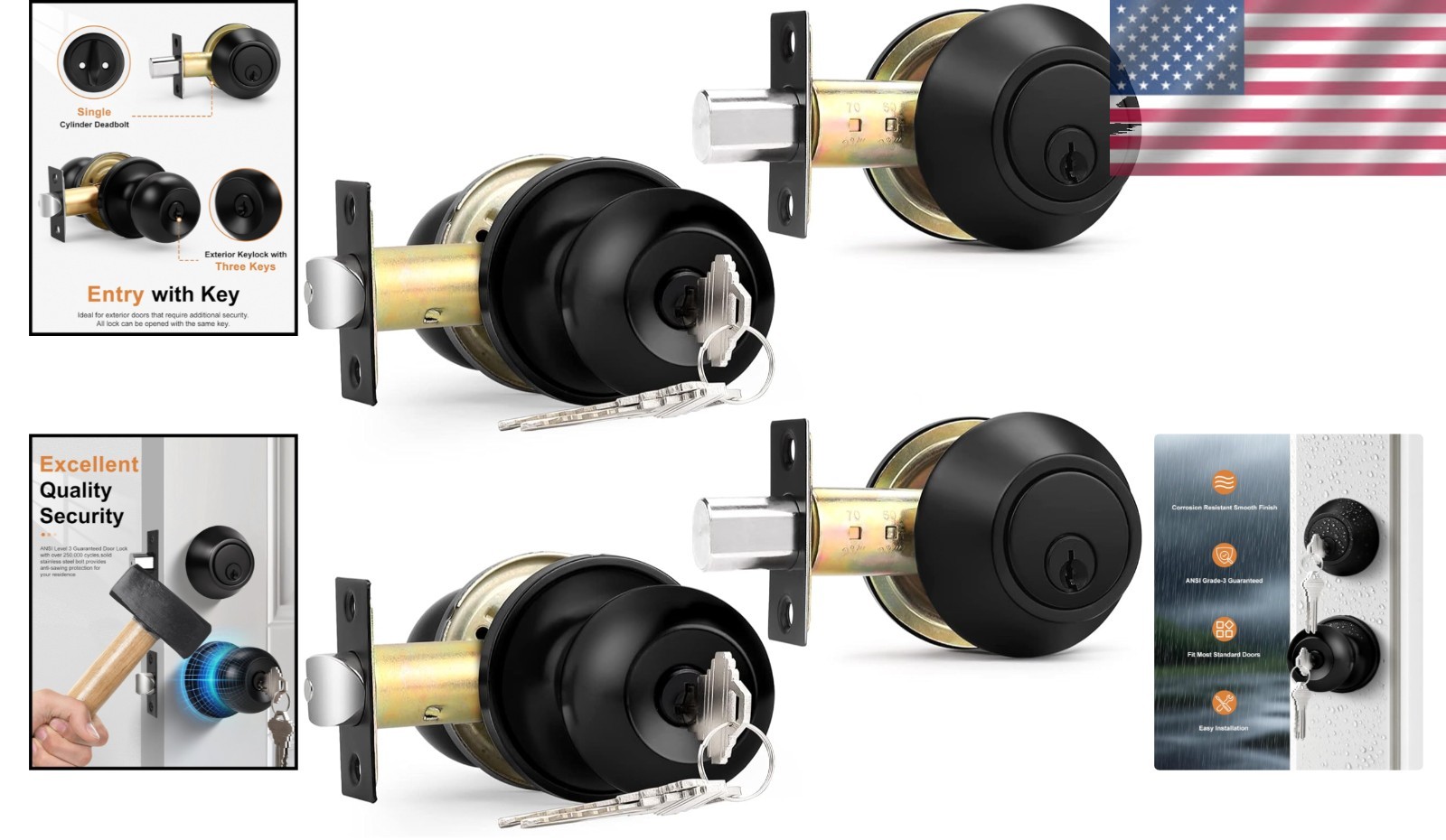 Contemporary Black Keyed Alike Door Knobs and Single Cylinder Deadbolt – 2 Pack