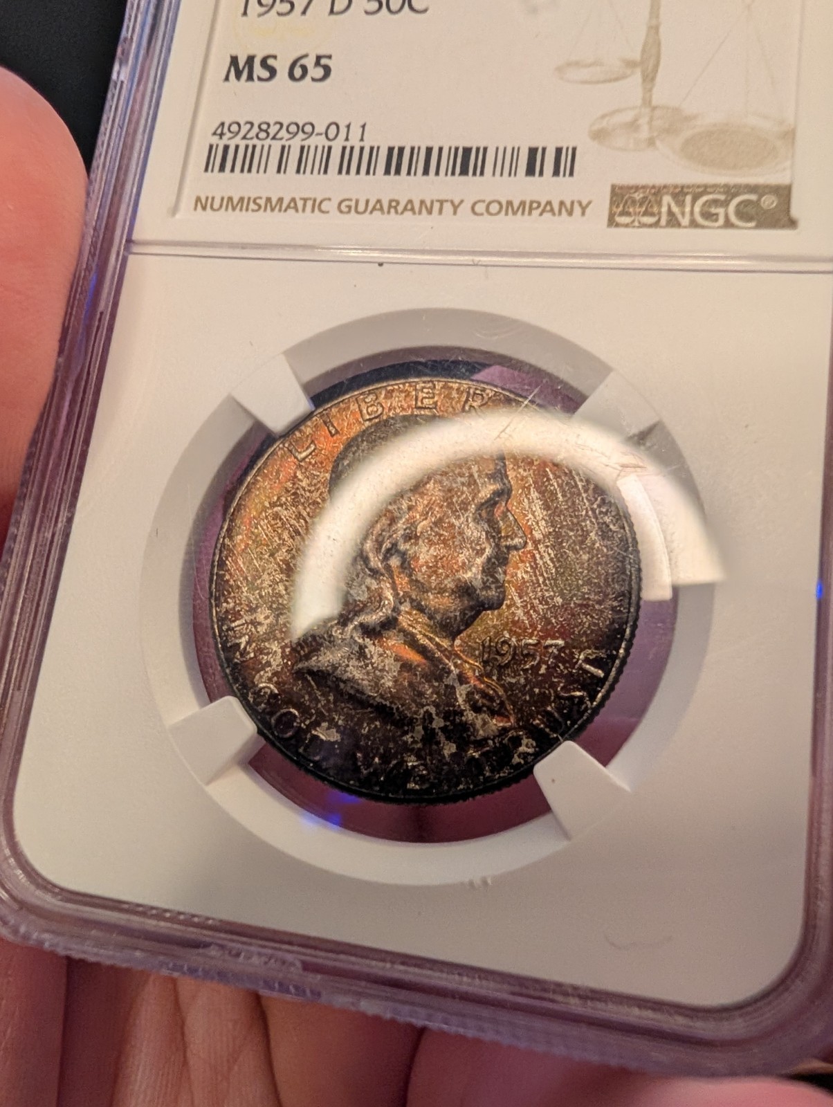 1957 D Franklin 50C Rainbow Toned NGC MS65