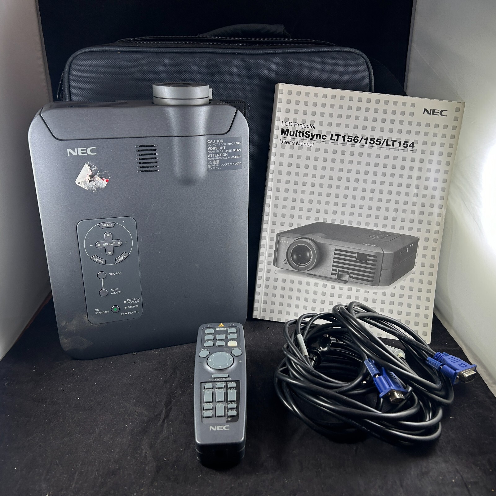 NEC MODEL LT155 MULTI SYNC LCD PROJECTOR W/ CORD USER MANUAL REMOTE CONTROL CASE