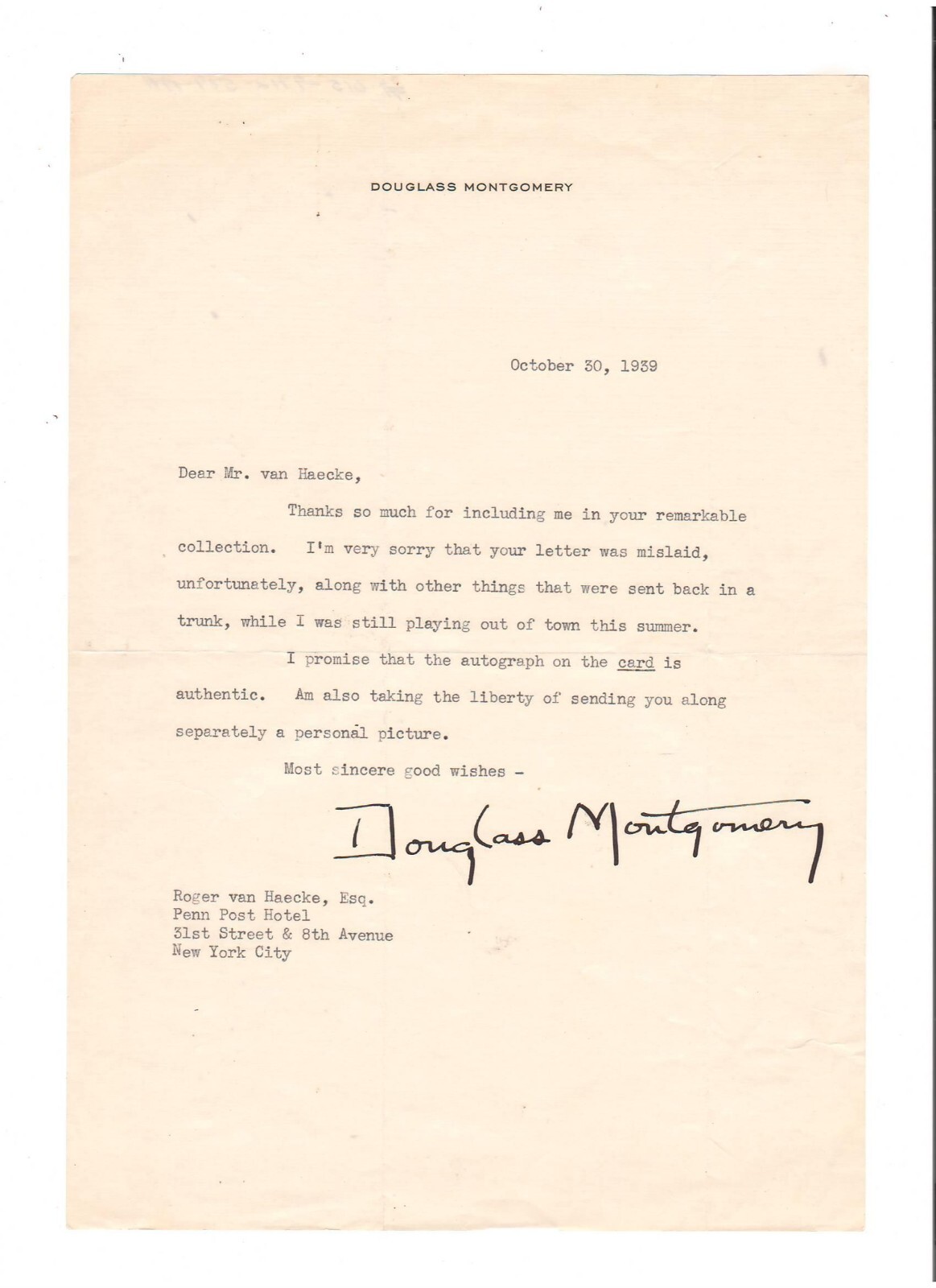 DOUGLASS MONTGOMERY 7.25X10.5 SIGNED LETTER ON HIS STATIONARY GREAT CONTENT 1939