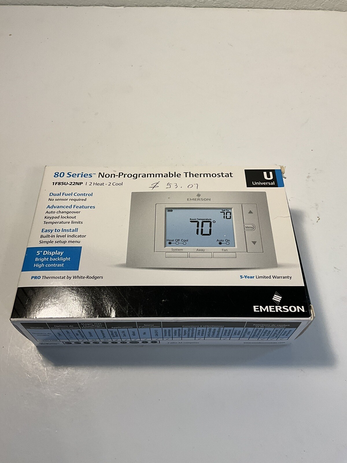 Emerson 1F85U-22NP Non-Programmable Thermostat - White 2 Heat/2 Cool -New/opn BX