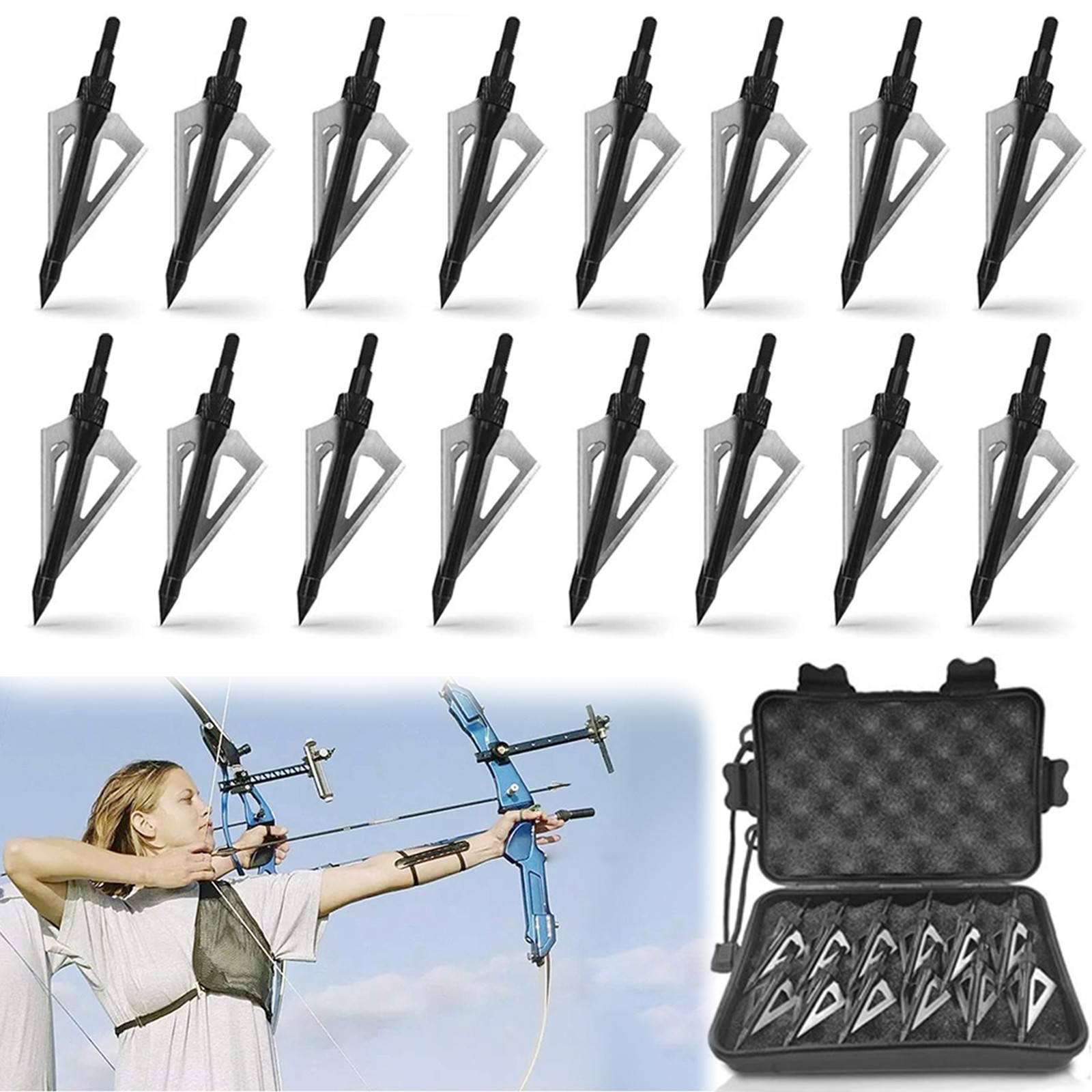 16X Archery Broadheads 3 Blade 100 Grain Hunting Crossbow Compound Bow Arrow Tip