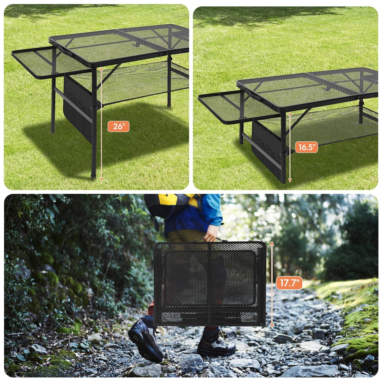 Folding Grill 4.4 FT Portable Camping Table with 2 Wing Panels, Height Adjust...
