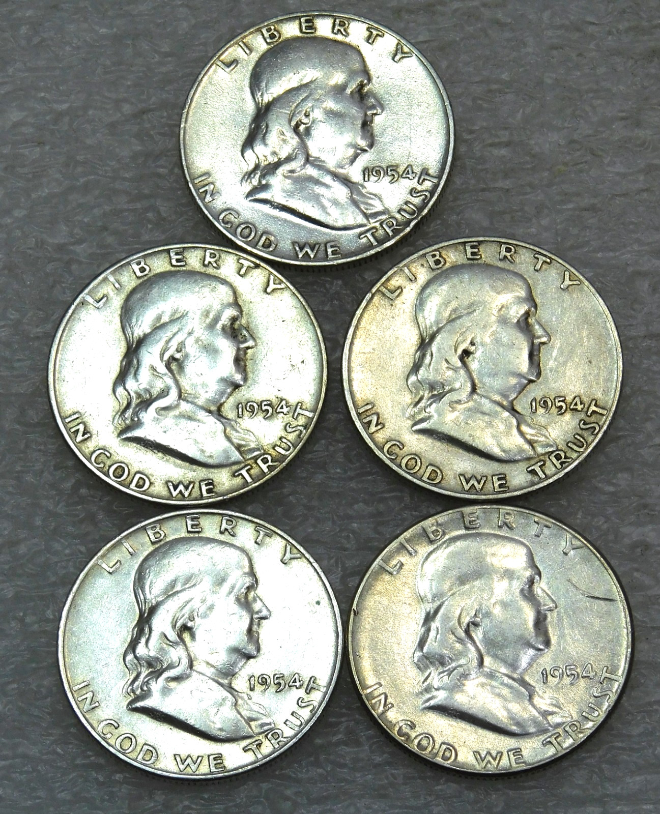 1954, 1954-D x 4 Franklin Silver Half Dollar lot of 5 coins in saflip #J278