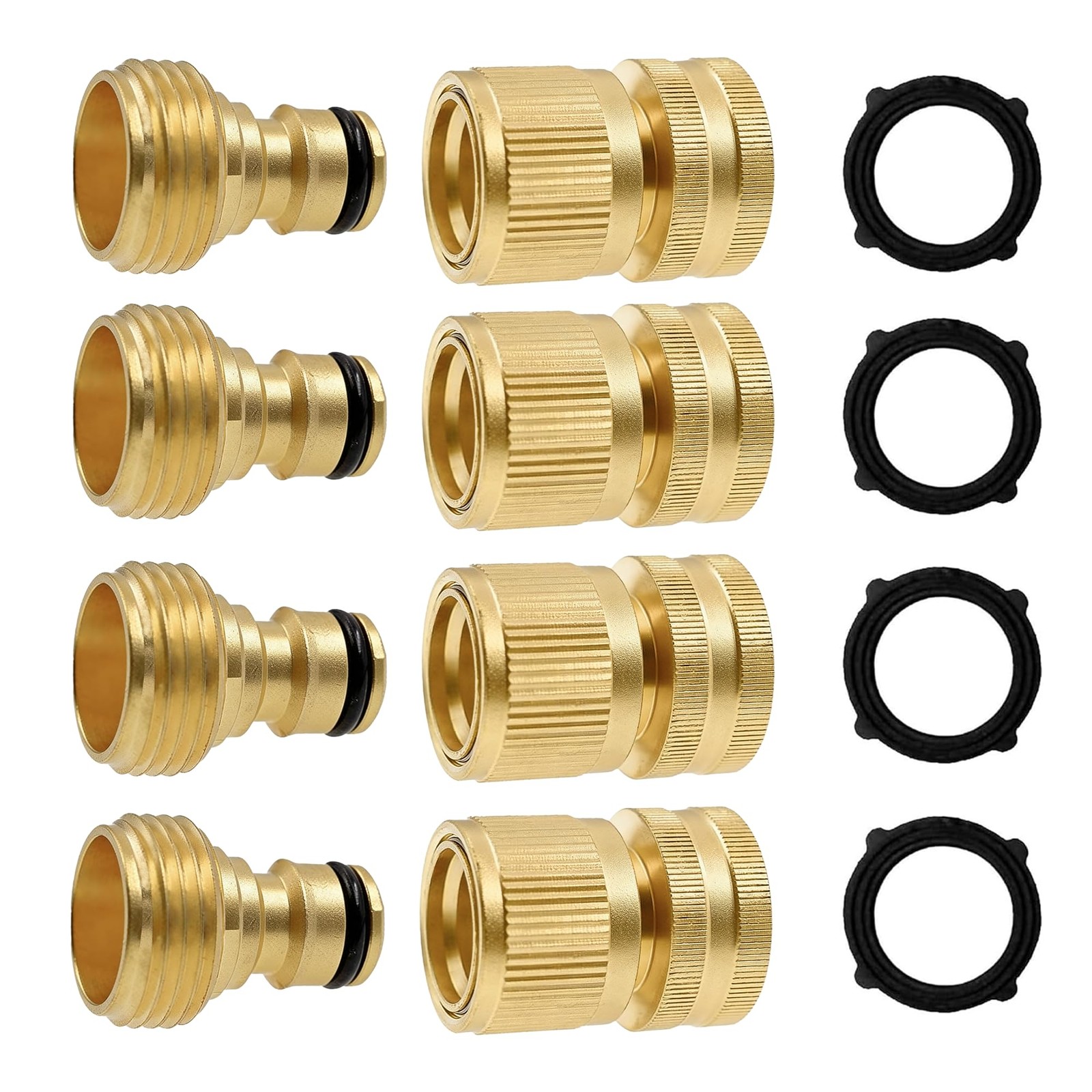 Hourleey Garden Hose Quick Connector, Solid Brass 3/4 Style 1 - 4 Set, Gold
