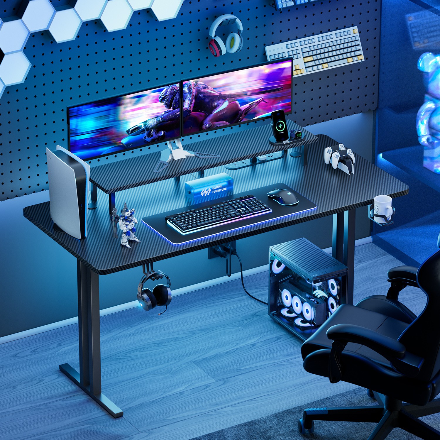 Gaming Desk with LED Lights & Monitor Stand, Computer Desk with Power Outlets