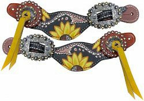 Spur Straps -  Ladies Yellow and Black Sunflower Hand Painted Spur Straps