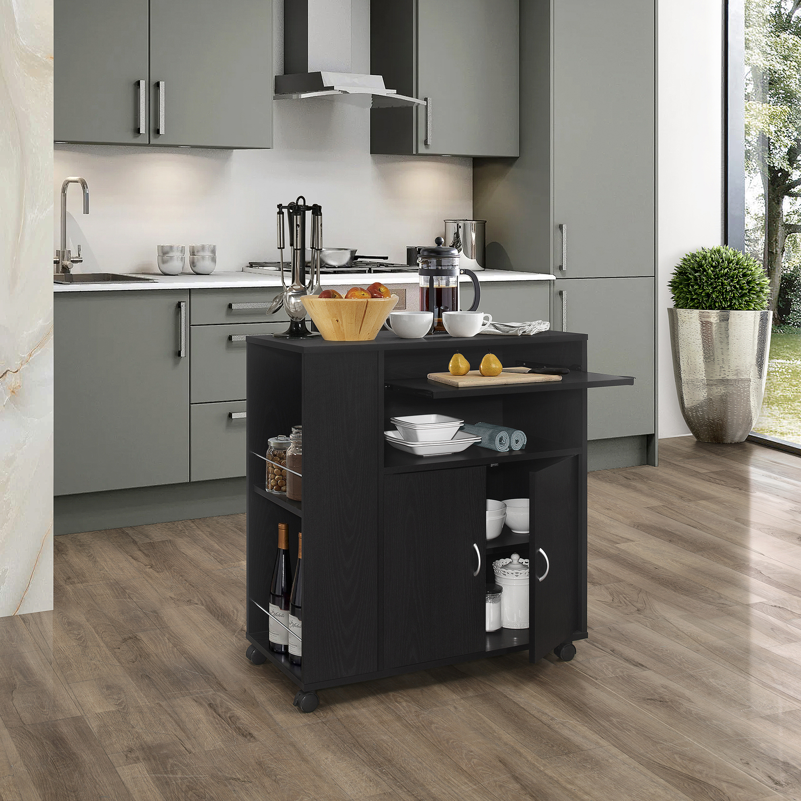 Kings Brand Furniture - Kitchen Island Rolling Cart with Storage Cabinet, Black