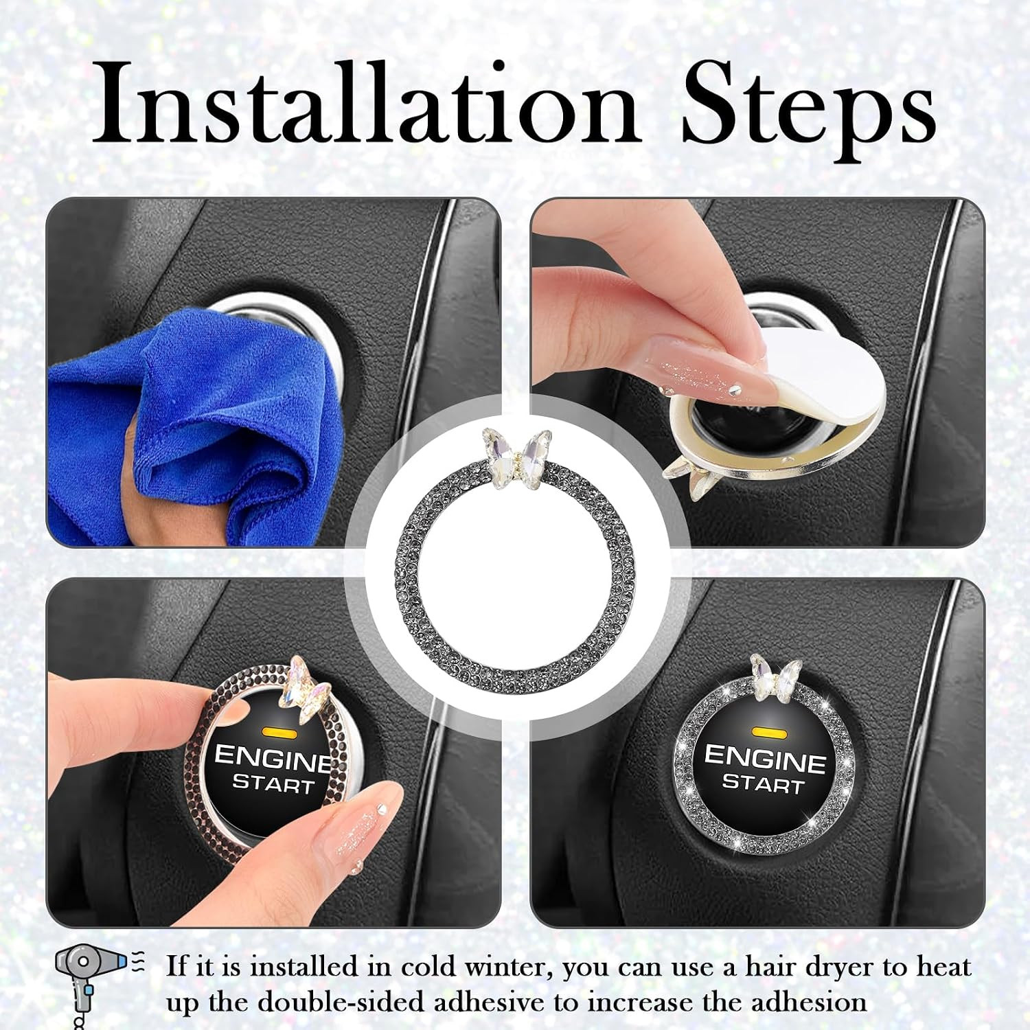 2PCS Car Engine Push Start Button Cover Decoration Ring,Bling Butterfly Push to