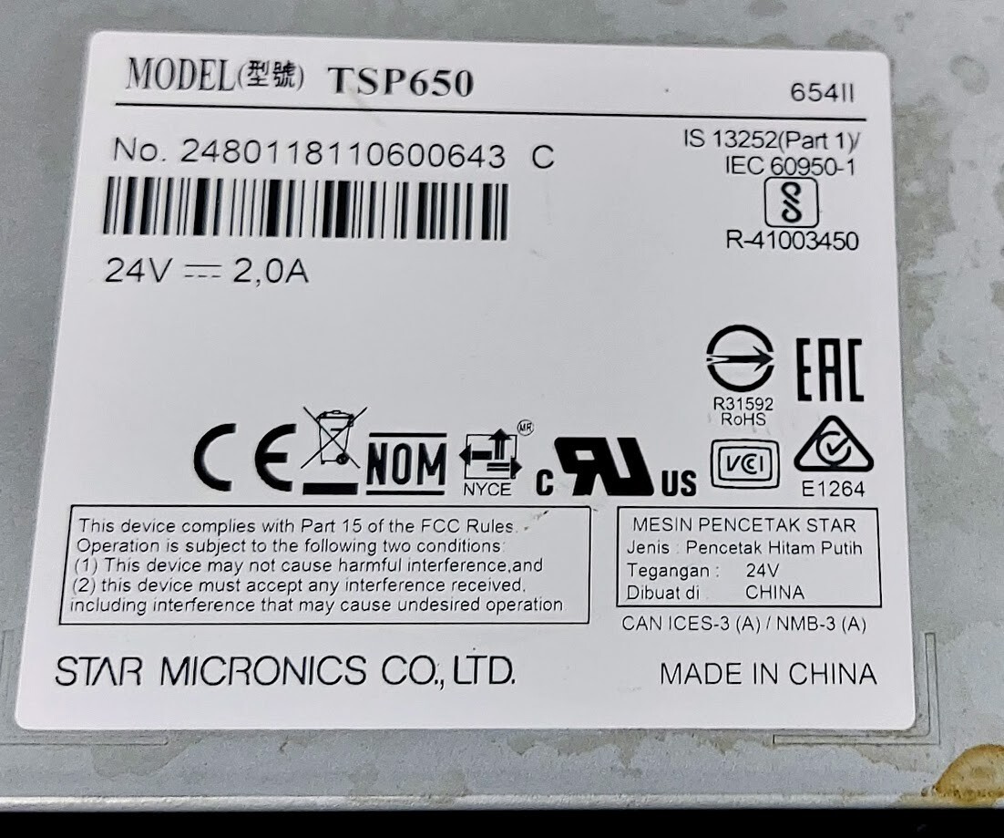 Star TSP650 Thermal POS Receipt Printer USB TSP650
