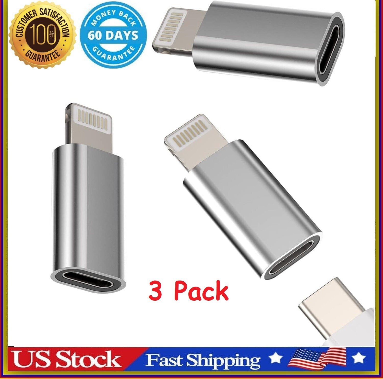 USB C Female to Lightning Male Adapter 3 Pack, Apple MFi Certified, Compatibl US
