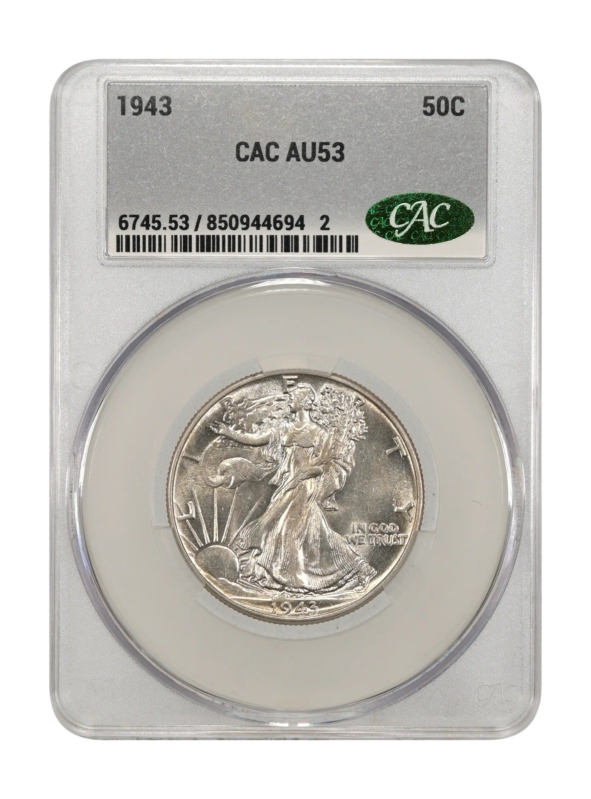 1943 Walking Liberty Half Dollar 50c BEAUTIFUL GEM CACG AU53