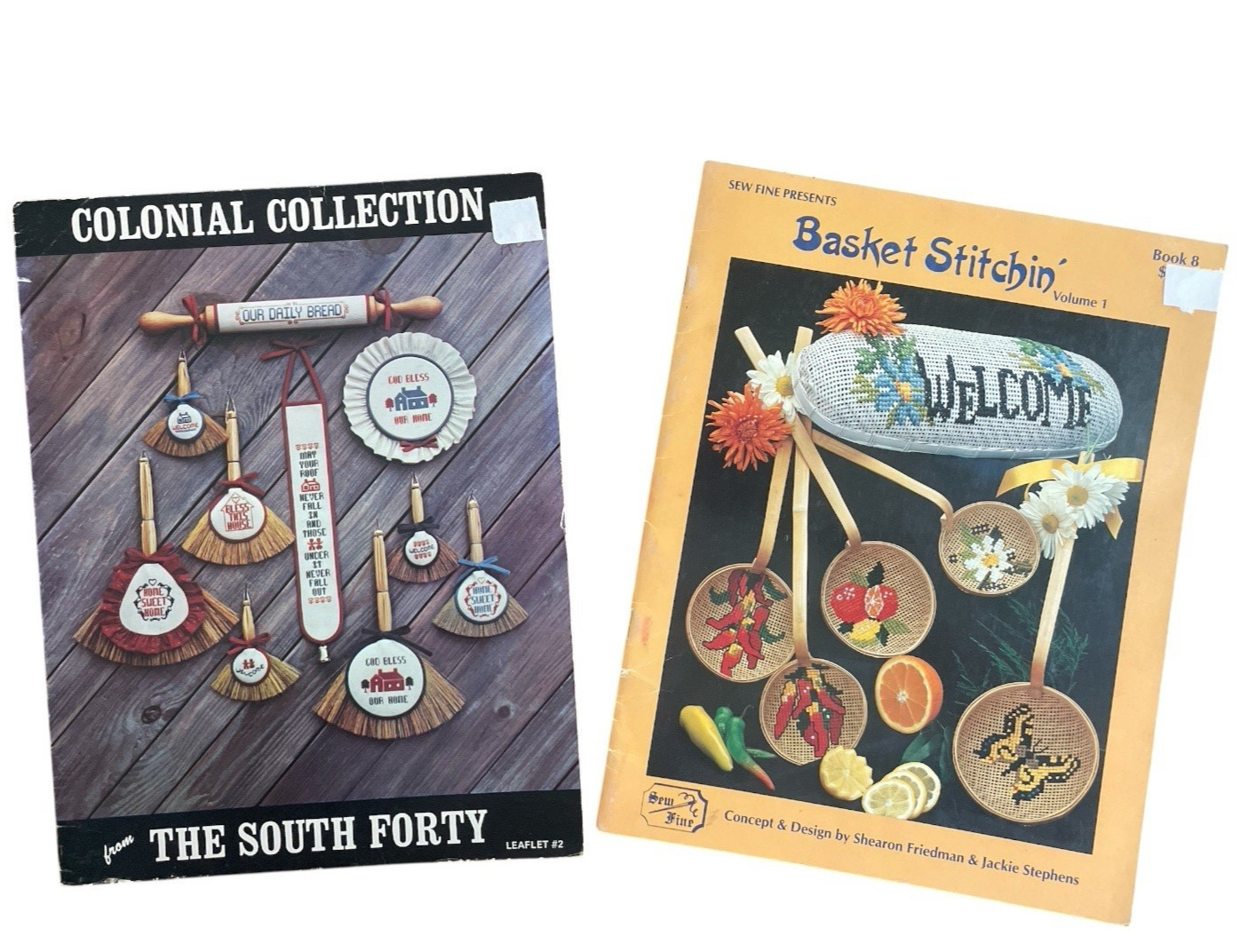 Lot of 2 Leaflets Sew Fine Basket Stitchin' & Colonial Collection Cross Stitch