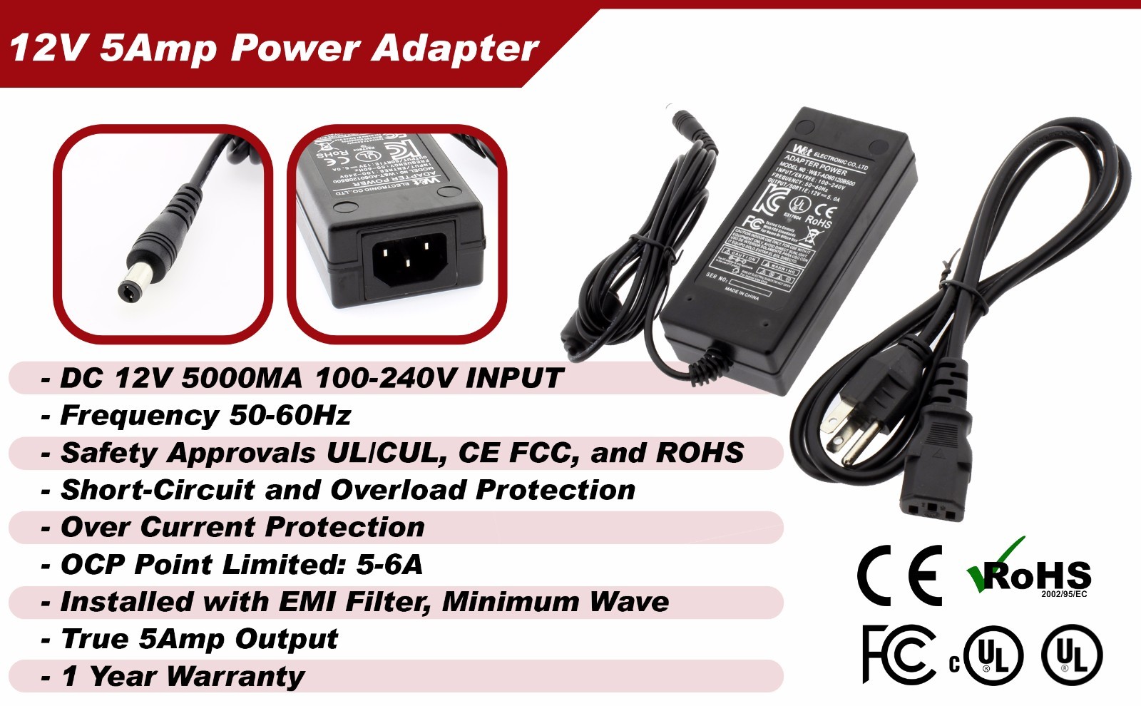 DC 12V 5A Power Supply Adapter +8 Split Power Cable for Lorex UL EMI