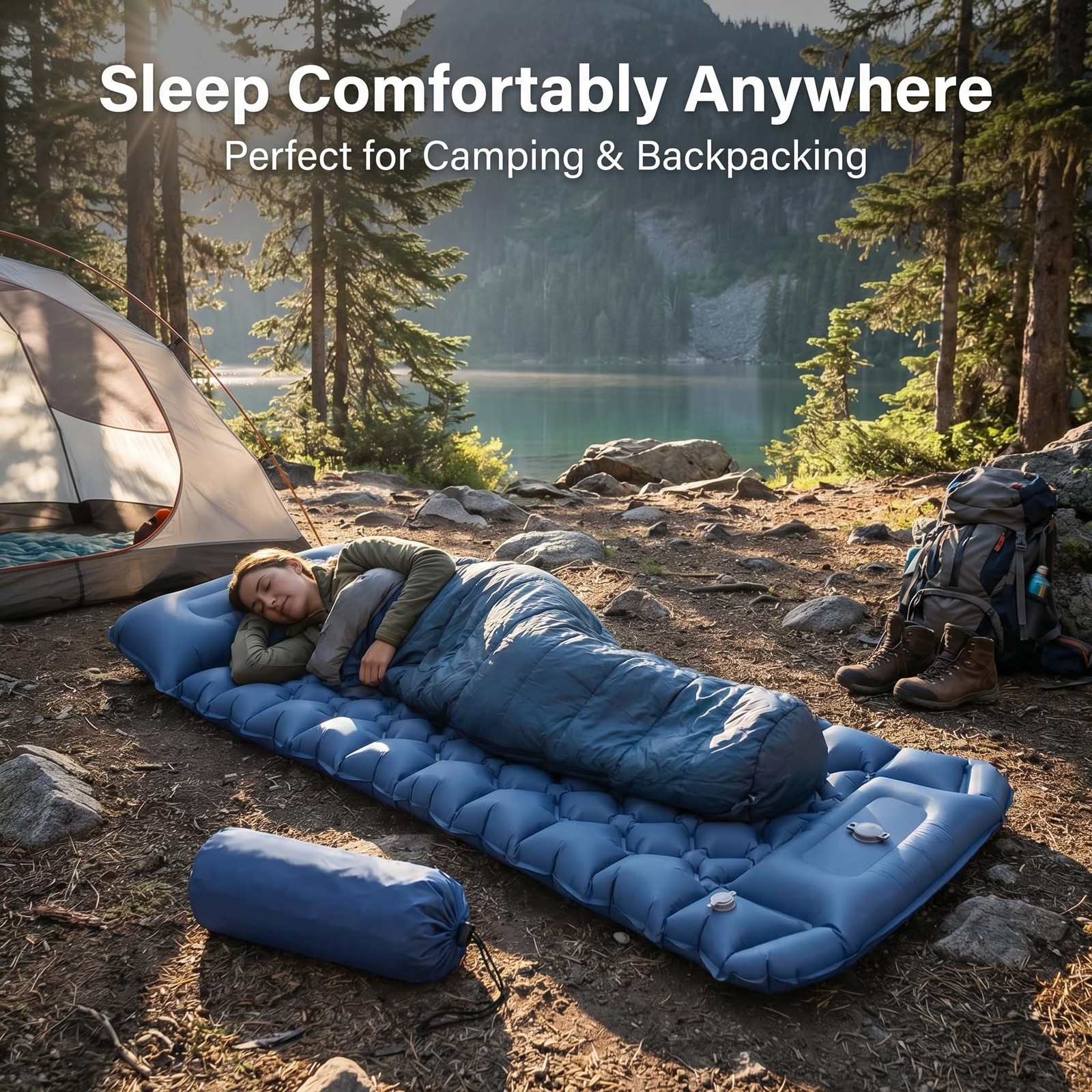 Sleeping Pad R-Value 3.0, 4” Thick Backpacking Sleeping Pad with Built-in Foo...