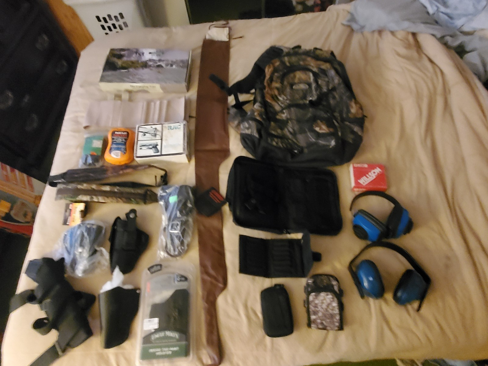 Large Lot of Hunting/Gun Accesories Backpack/Holsters/Dry Bag/Ear Protection Mor