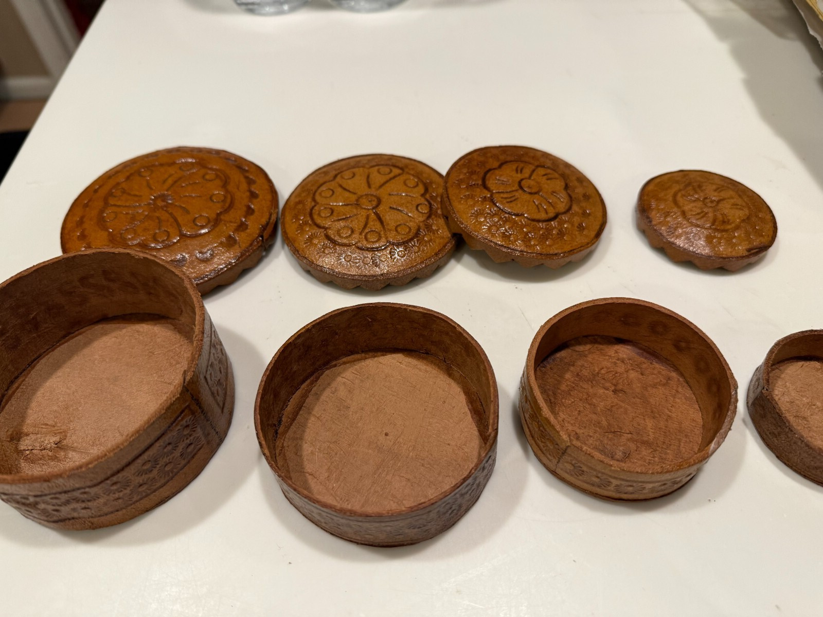4 PERUVIAN Handmade Leather Tooled Nesting Trinket Boxes