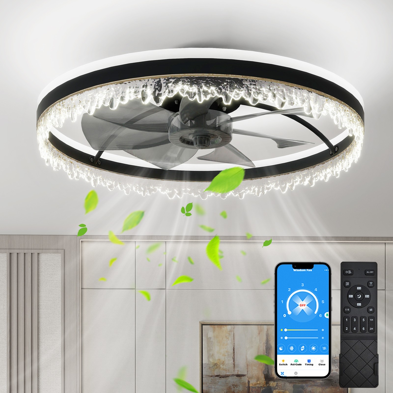 24" Modern LED Ceiling Fan Light Quiet for Bedroom/Living Room