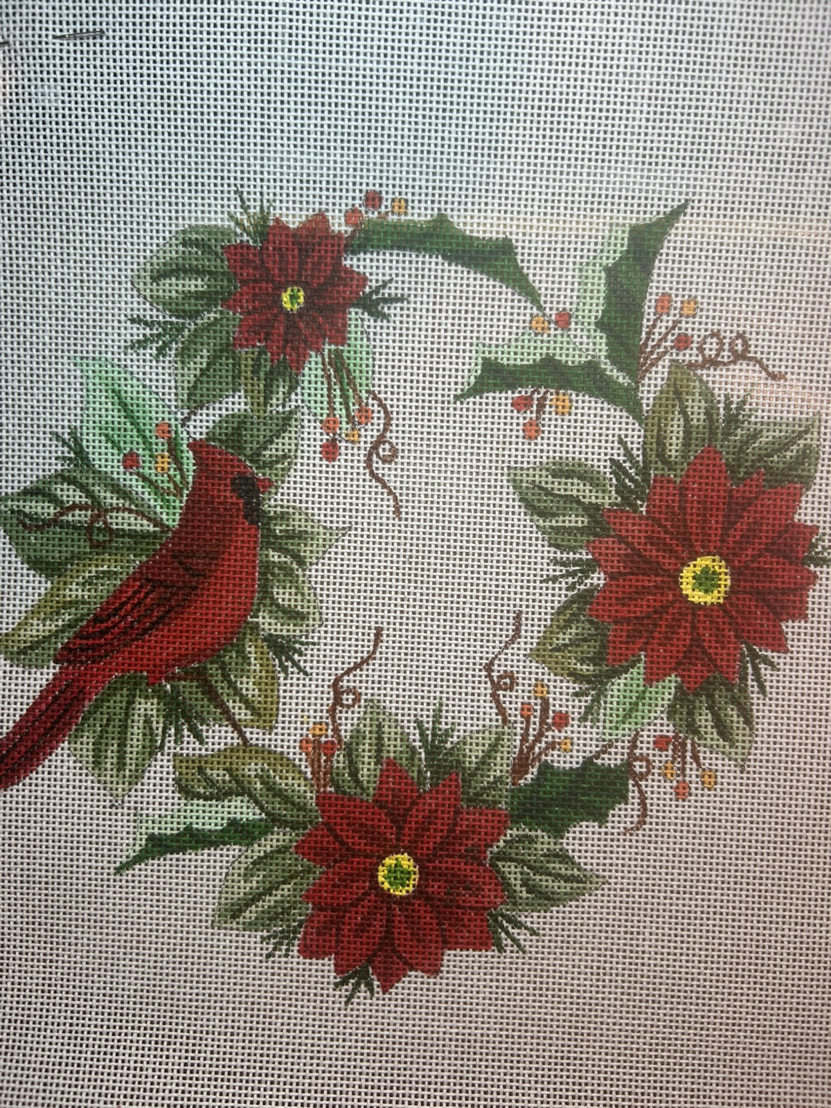 Cardinal Wreath hand painted needlepoint 18 mesh 8" x 8"