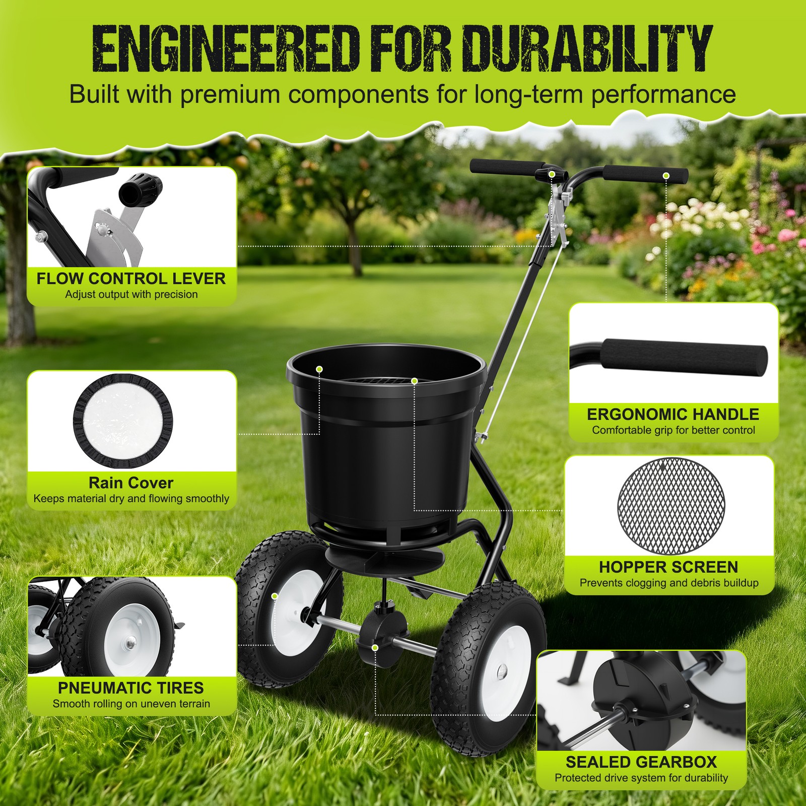 Fertilizer Spreader 50LBS Capacity 0–10FT Spreading Width Seed & Salt Spreader