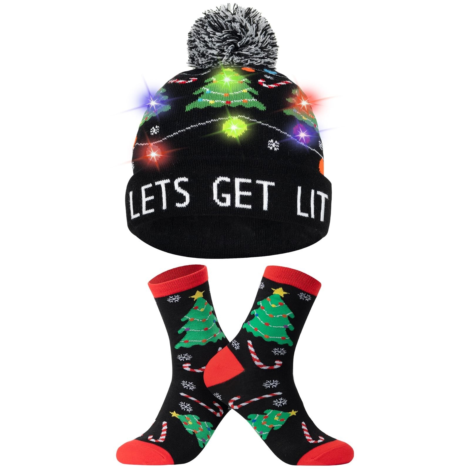 Light Up Beanie Christmas Winter Hat and Novelty Funny Socks, Holiday Gifts f...