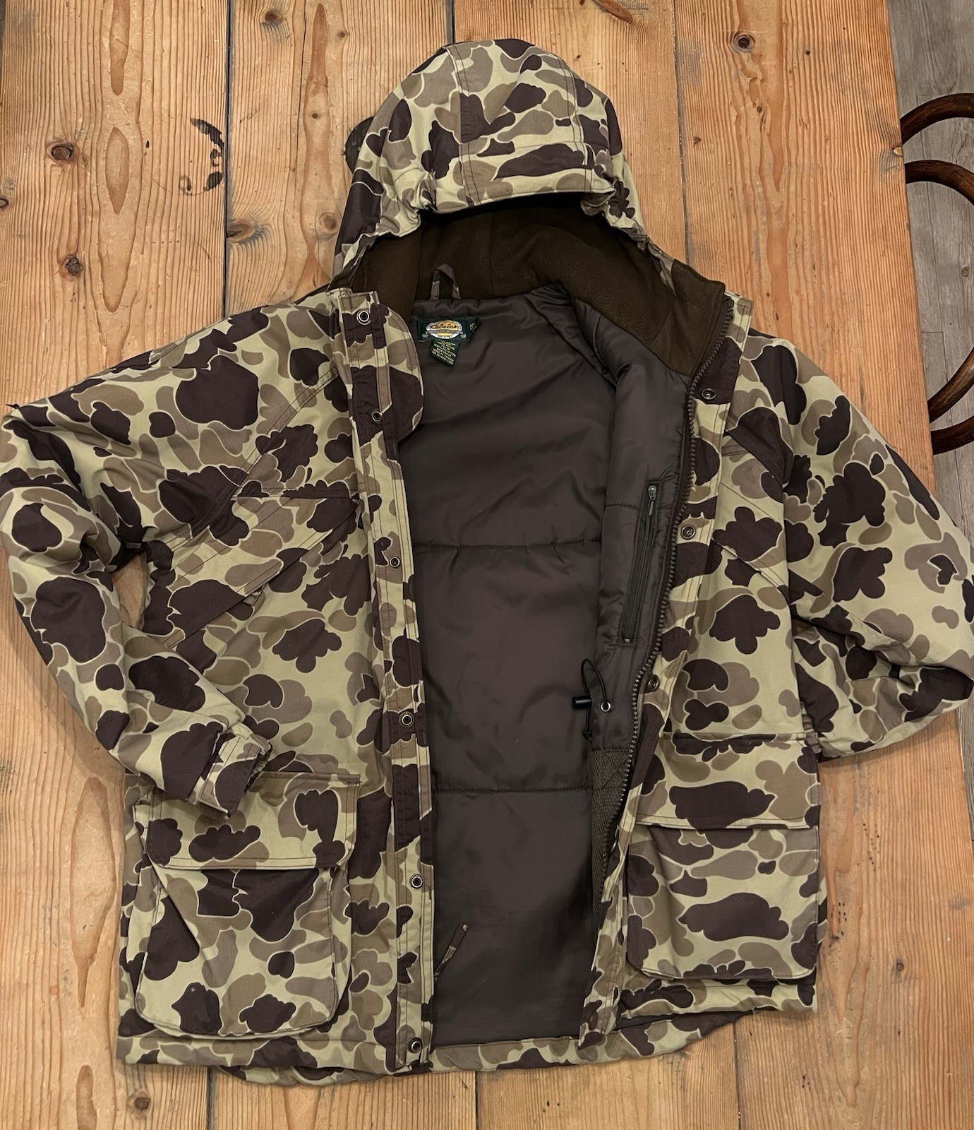 Cabelas Dri-Fowl Brown Marsh Camo Duck Hunting Jacket Youth 2XL Hooded Waterfowl